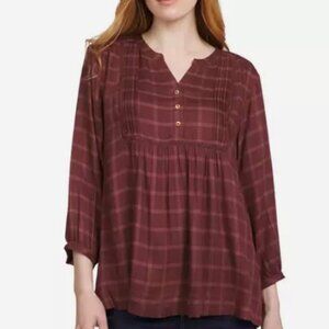NEW Wrangler Womens XS Plaid V-Neck Button-Front Sleeves Burgundy Lightweight